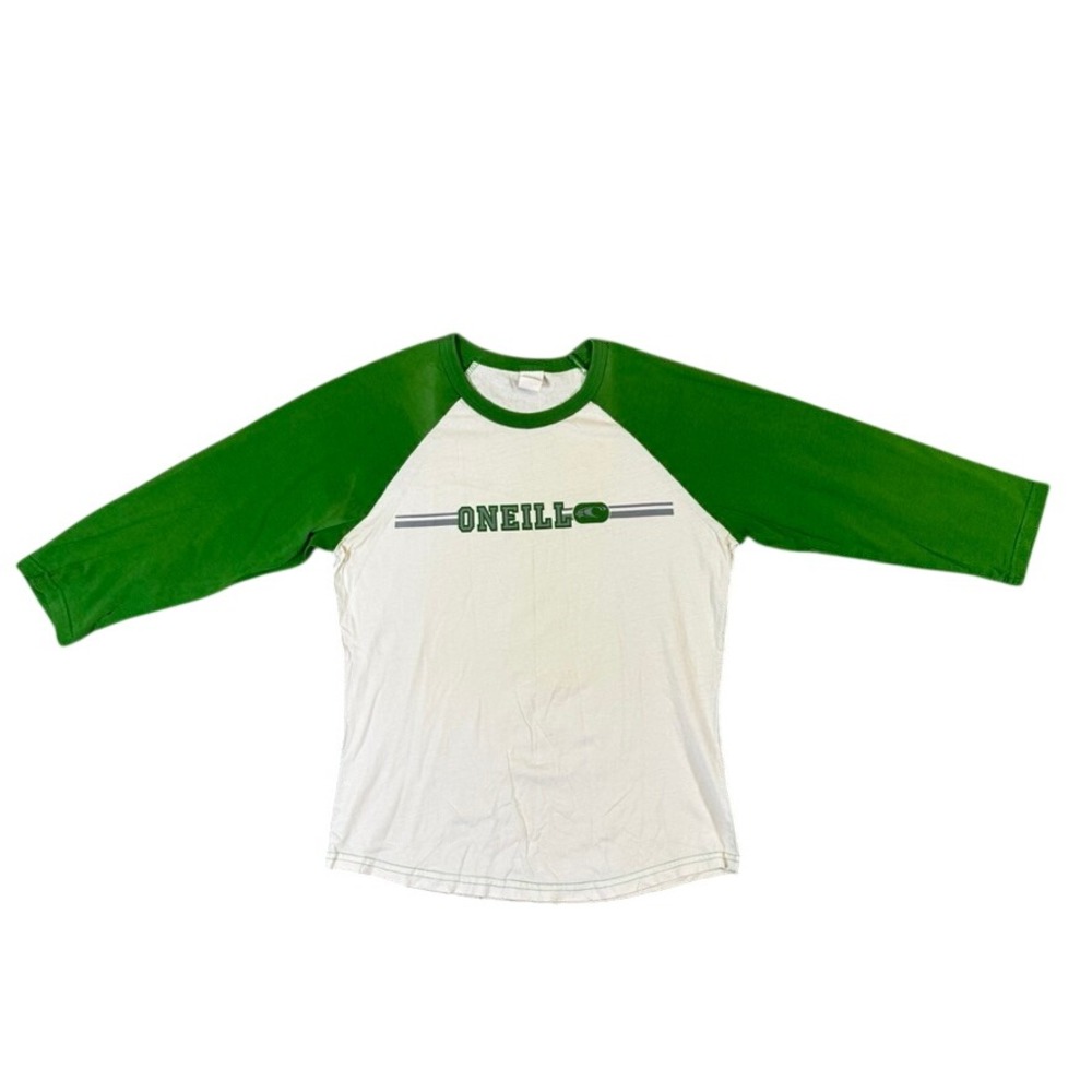 ONeill Womens Raglan Baseball Tee Green Cream Logo 3/4 Sleeve Cotton USA Large